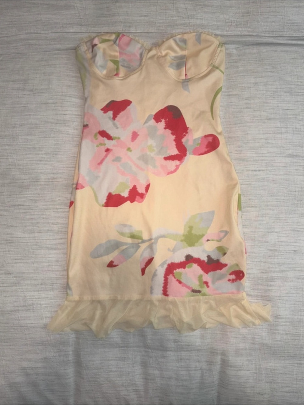 Oh Polly Cream Strapless Floral Mini Dress with Pink & Red Accents